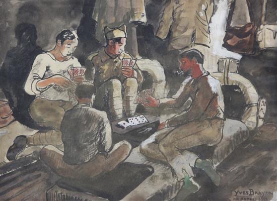 Yves Brayer (1907-1990) Aux armees, 1939; soldiers playing cards 9 x 12.5in.